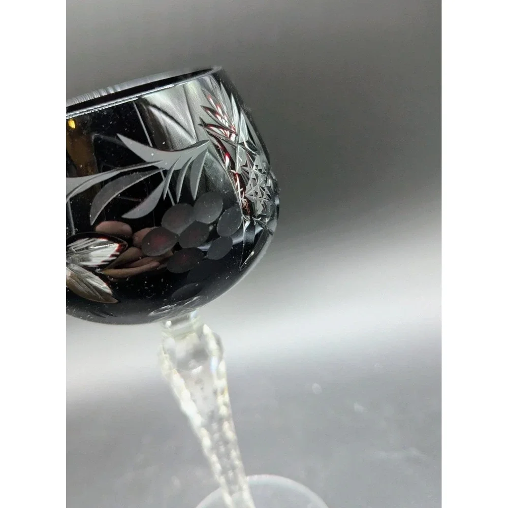 Vintage Bohemian Dark Cranberry Cut To Clear Wine Glass Stemware